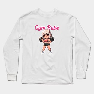 Cute Muscular Barbell Gym Babe Girl | Japanese Anime Illustration Long Sleeve T-Shirt